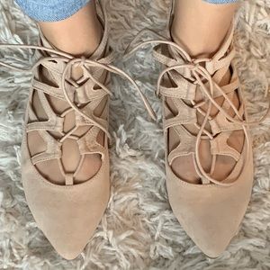 BRAND NEW cream, suede pointed-toe lace-up flats.